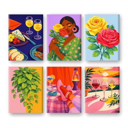 6 Mini Paintings - Wine & Flowers Set