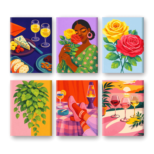 6 Mini Paintings - Wine & Flowers Set