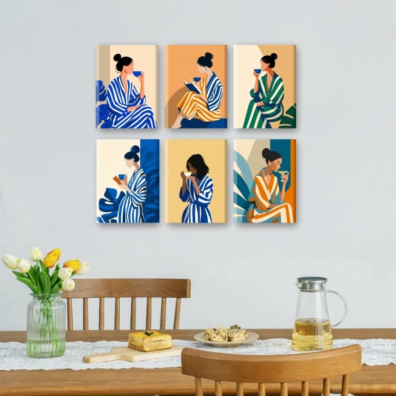 6 Mini Paintings - Striped Woman Set