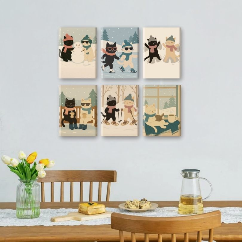 6 Mini Paintings - Winter Cats Set