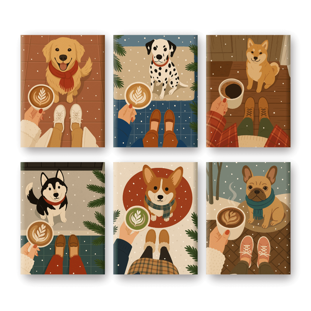 6 Mini Paintings - Winter Coffee & Dogs Set
