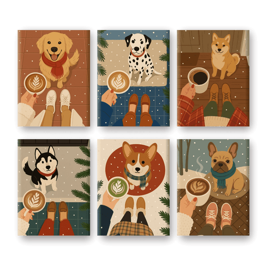 6 Mini Paintings - Winter Coffee & Dogs Set