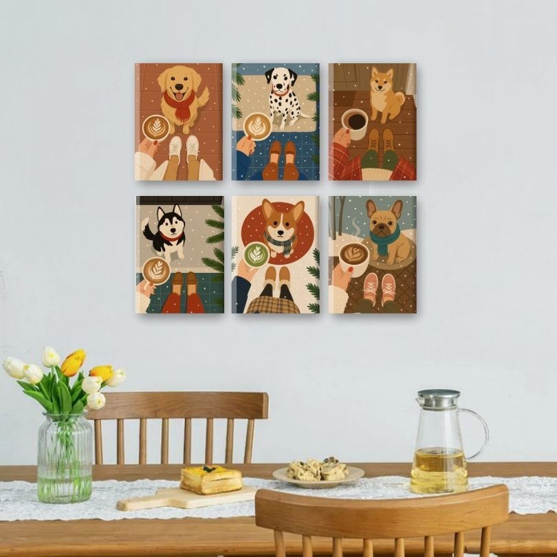 6 Mini Paintings - Winter Coffee & Dogs Set