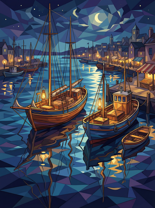 Moonlit Harbor Boats