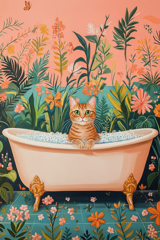 Cat in Tub, Pink Floral Wall