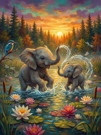 Sunset Pond Baby Elephants (120 Colors)