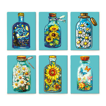 6 Mini Paintings - Colorful Bottles Set