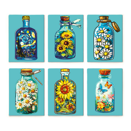 6 Mini Paintings - Colorful Bottles Set