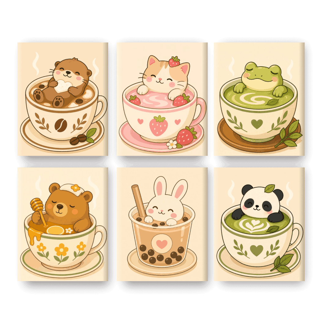 6 Mini Paintings - Animals in Cups Set
