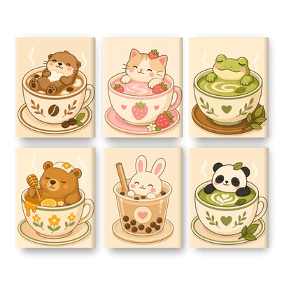 6 Mini Paintings - Animals in Cups Set