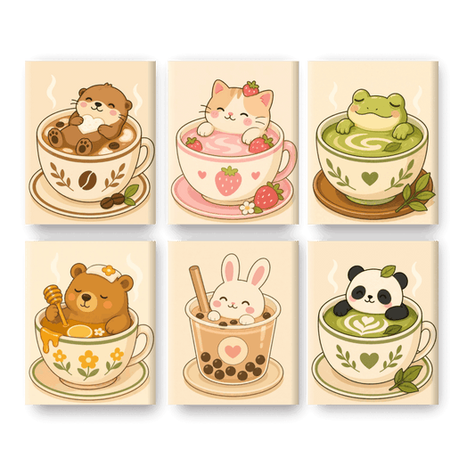 6 Mini Paintings - Animals in Cups Set