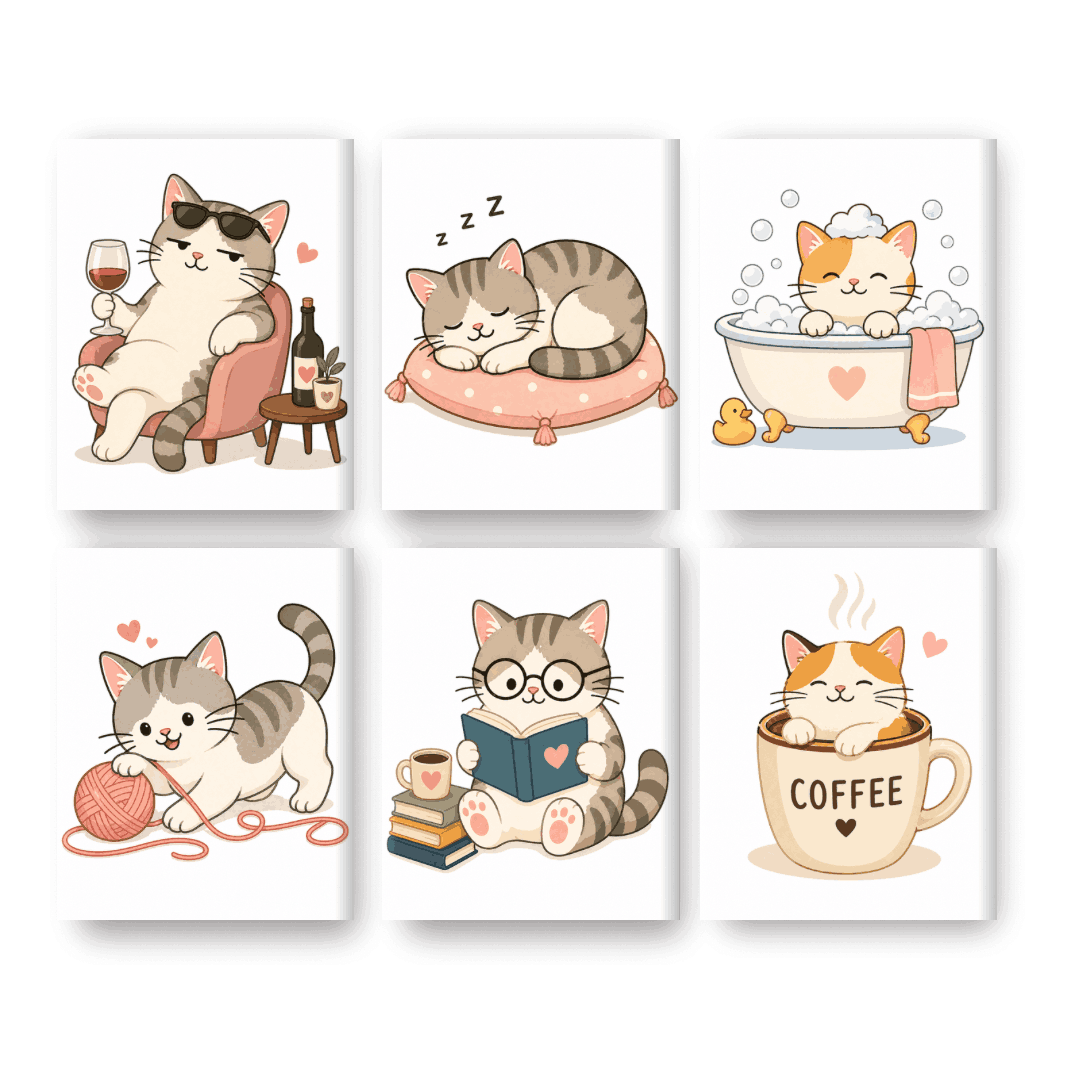 6 Mini Paintings - Kawaii Cat Life Set