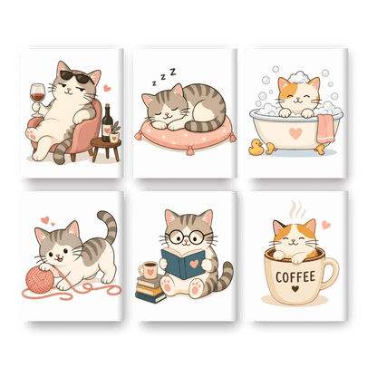 6 Mini Paintings - Kawaii Cat Life Set