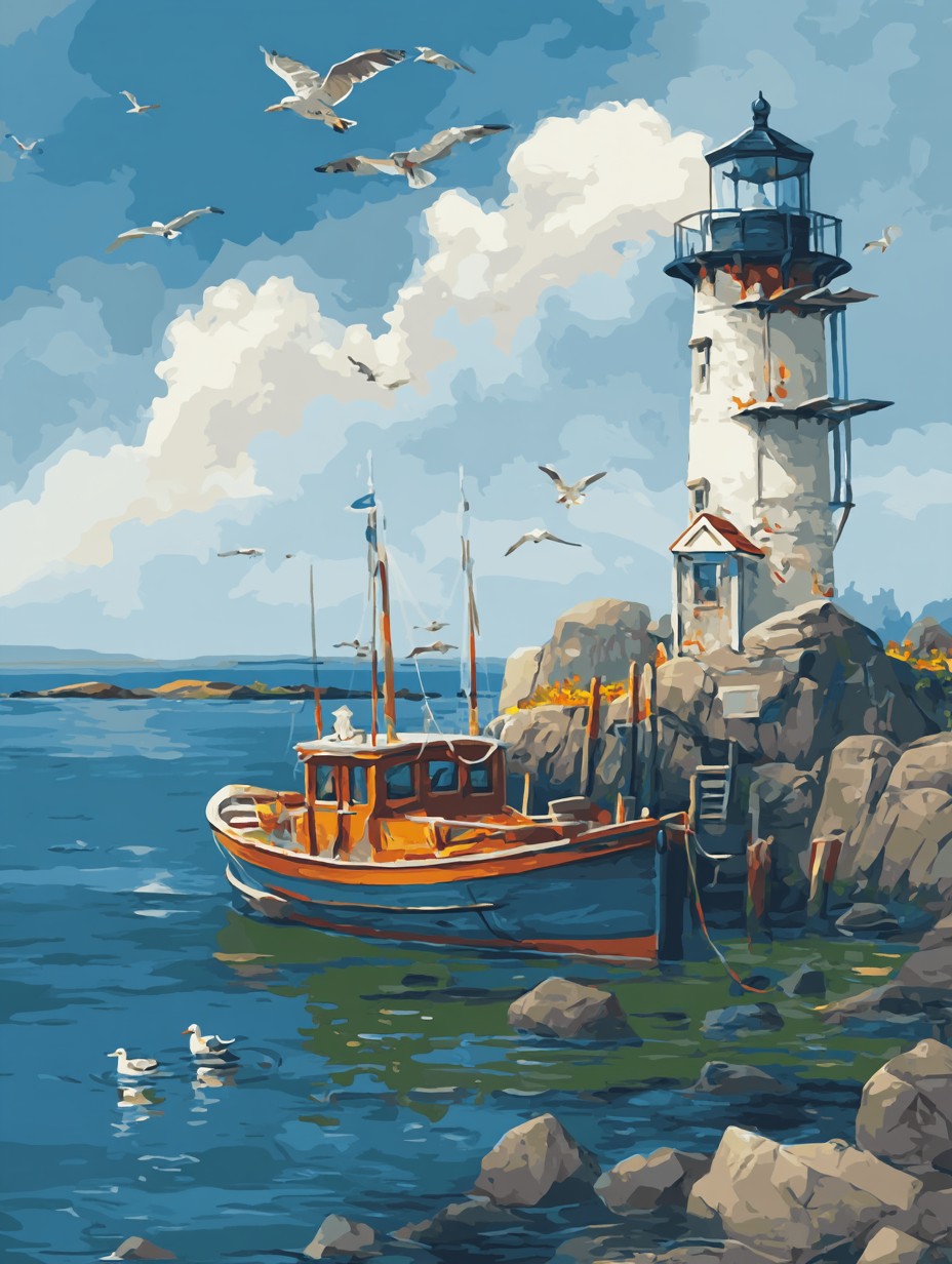 Lighthouse Coastal Boat Scene