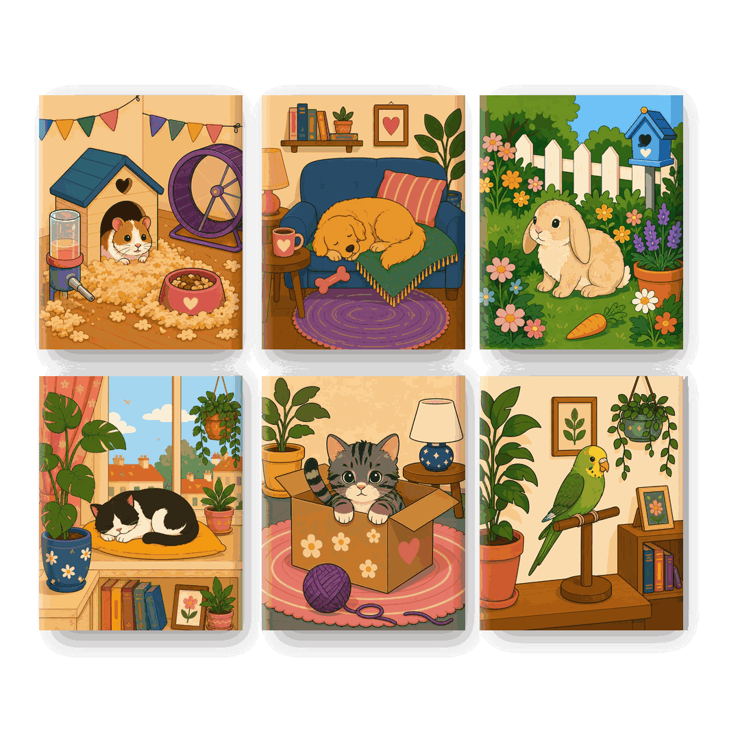 6 Mini Paintings - Cozy Pets Set