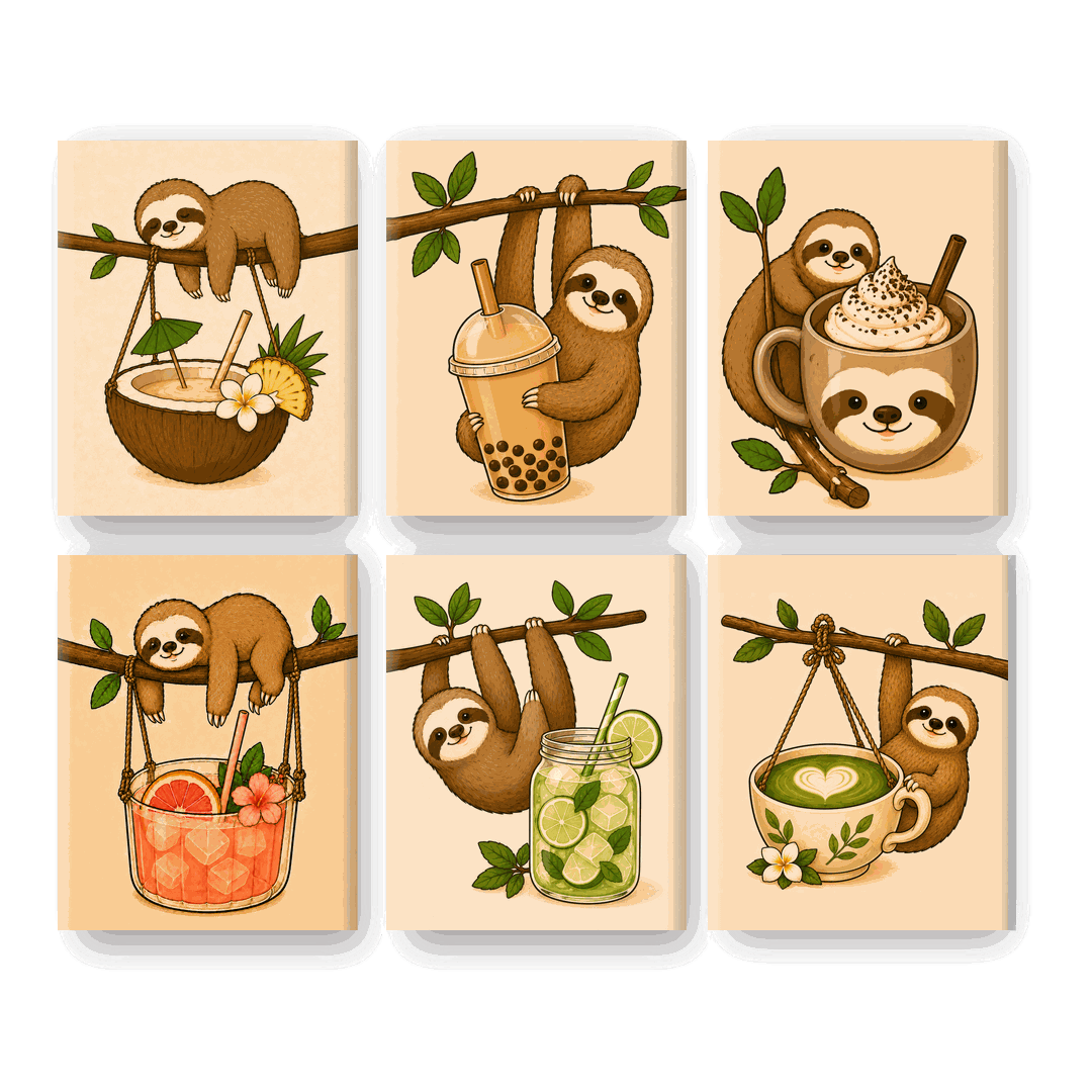 6 Mini Paintings - Sloths & Drinks Set