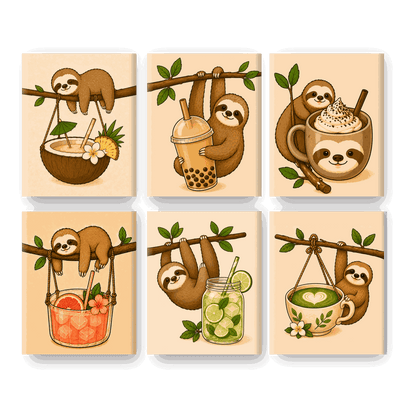 6 Mini Paintings - Sloths & Drinks Set