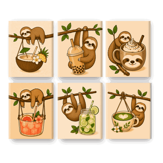 6 Mini Paintings - Sloths & Drinks Set