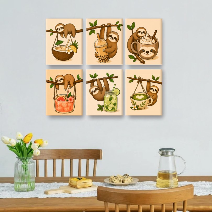 6 Mini Paintings - Sloths & Drinks Set