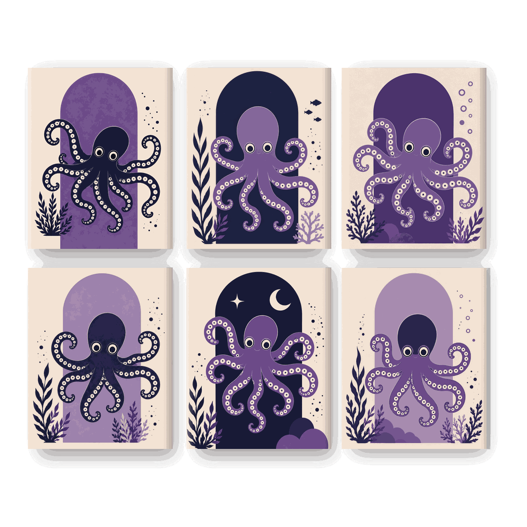 6 Mini Paintings - Purple Octopus Set