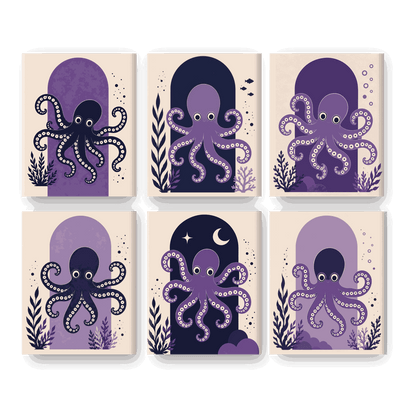 6 Mini Paintings - Purple Octopus Set