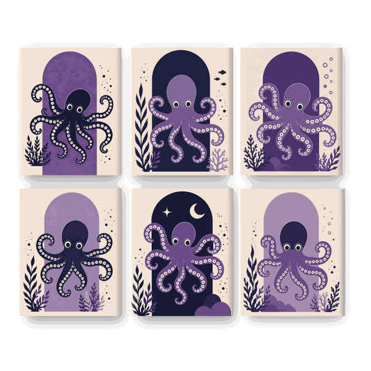 6 Mini Paintings - Purple Octopus Set
