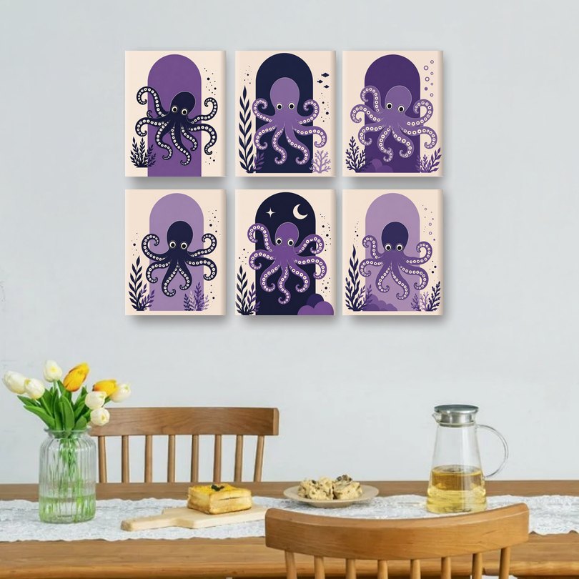 6 Mini Paintings - Purple Octopus Set