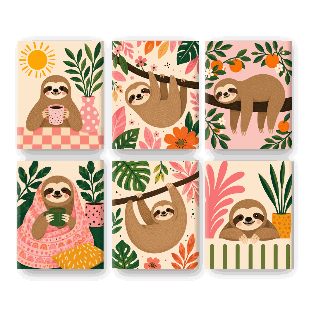6 Mini Paintings - Morning Sloth Set