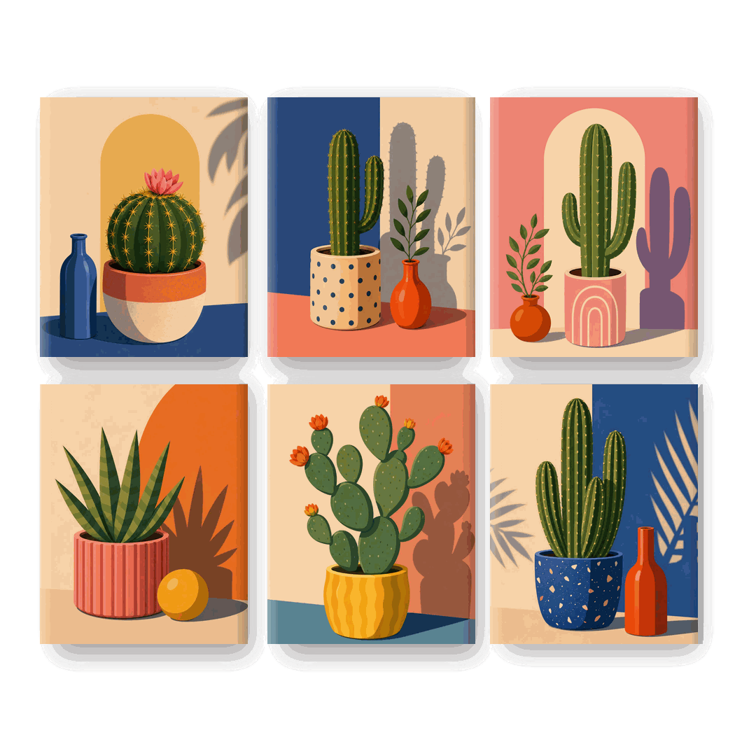 6 Mini Paintings - Blooming Cactus Set