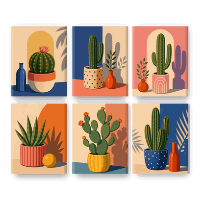6 Mini Paintings - Blooming Cactus Set