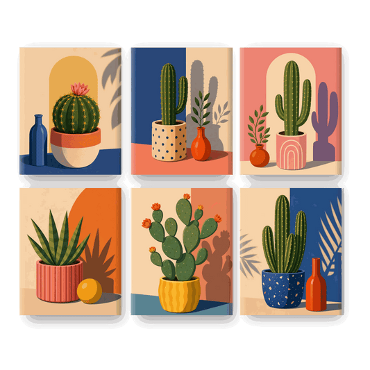 6 Mini Paintings - Blooming Cactus Set