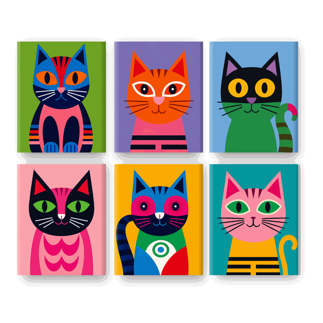6 Mini Paintings - Cats in Technicolor Set