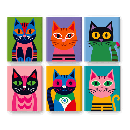 6 Mini Paintings - Cats in Technicolor Set