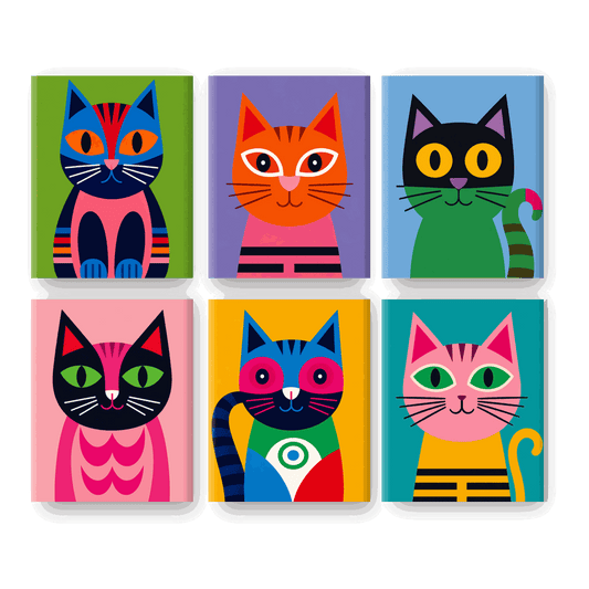 6 Mini Paintings - Cats in Technicolor Set