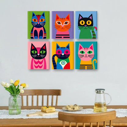 6 Mini Paintings - Cats in Technicolor Set