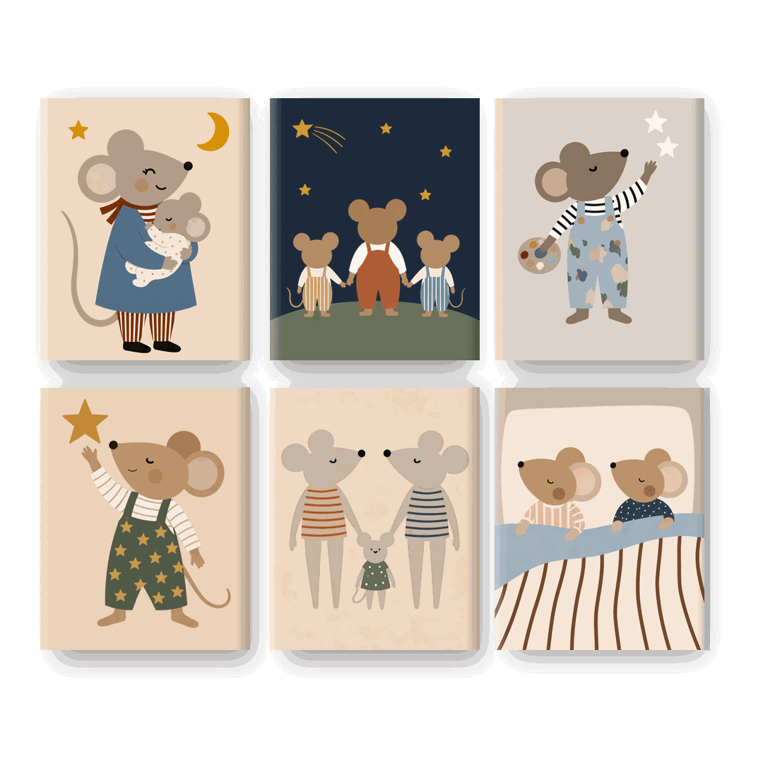 6 Mini Paintings - Happy Mice Family Set