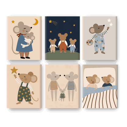 6 Mini Paintings - Happy Mice Family Set
