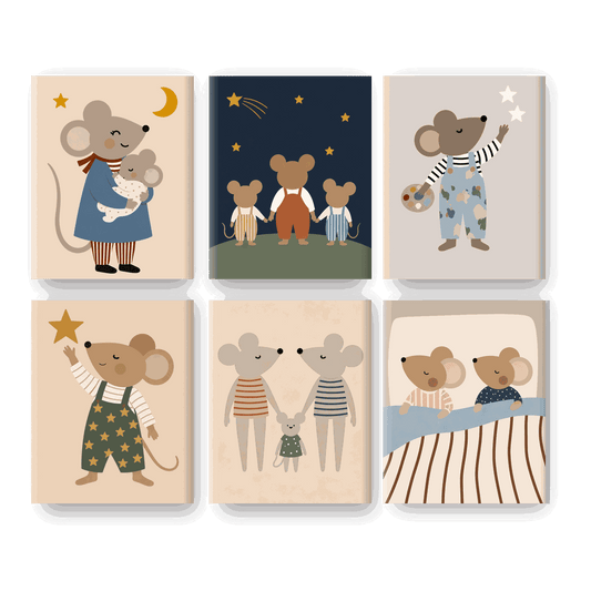6 Mini Paintings - Happy Mice Family Set