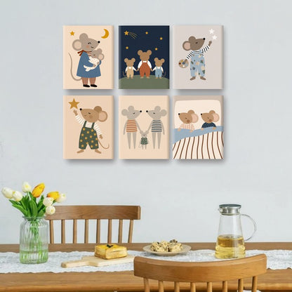 6 Mini Paintings - Happy Mice Family Set