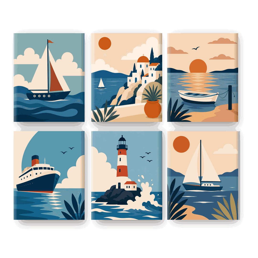 6 Mini Paintings - Sunset Boats Set