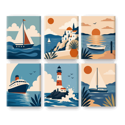 6 Mini Paintings - Sunset Boats Set