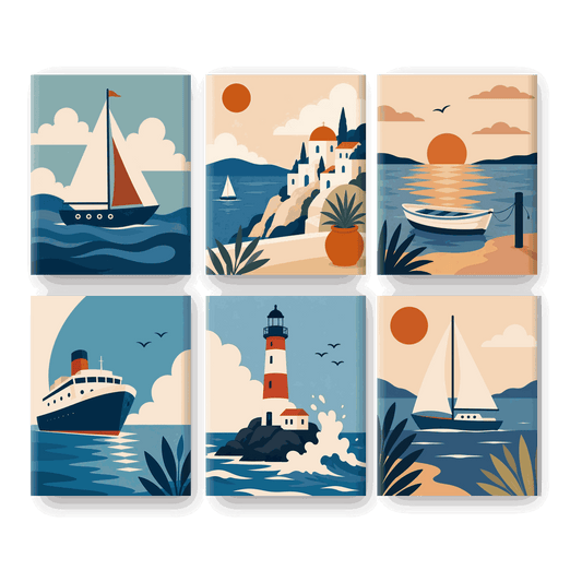 6 Mini Paintings - Sunset Boats Set