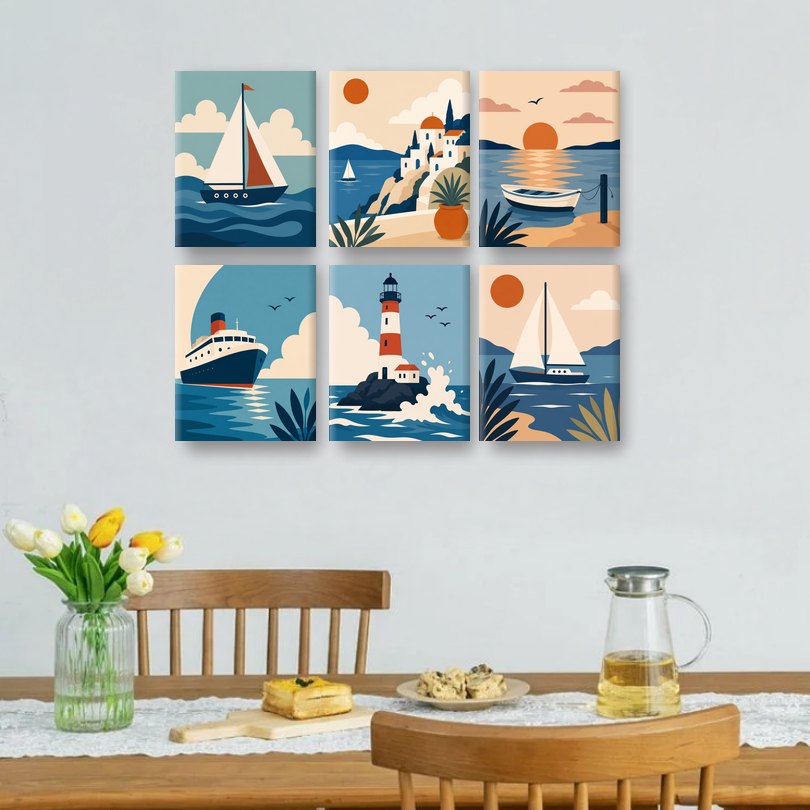 6 Mini Paintings - Sunset Boats Set