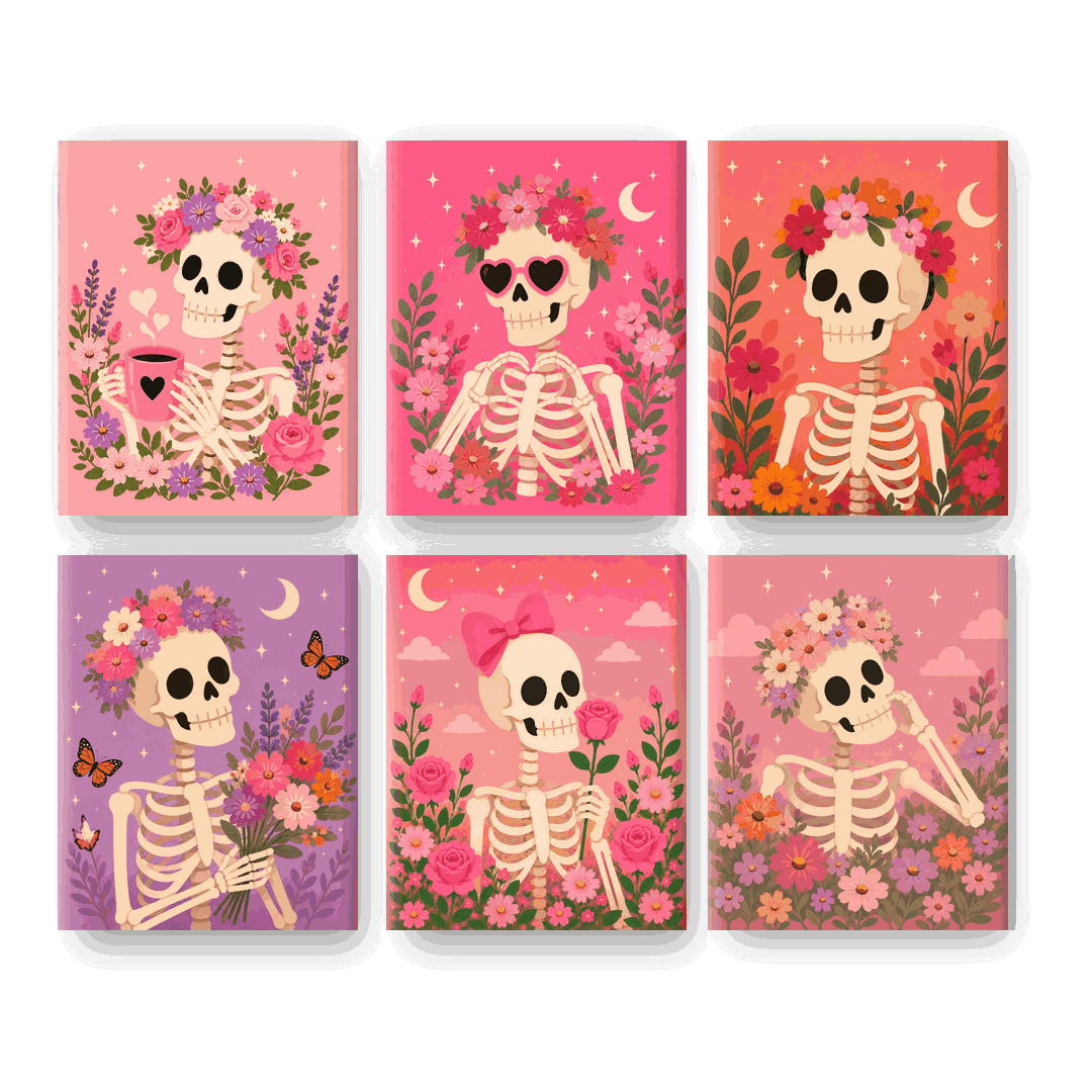 6 Mini Paintings - Floral Skeleton Set