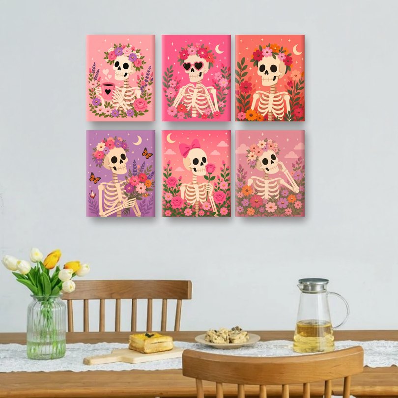6 Mini Paintings - Floral Skeleton Set