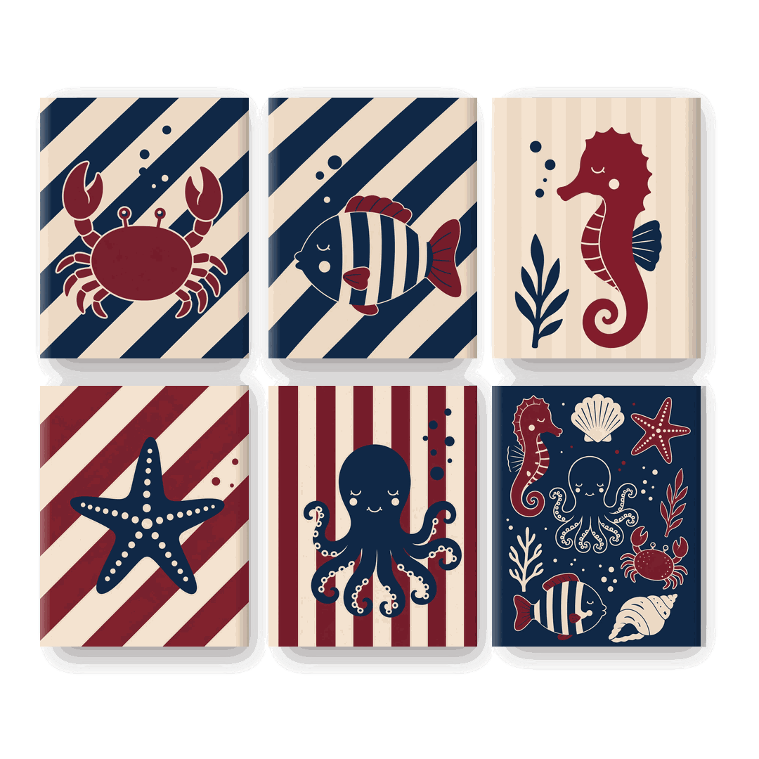 6 Mini Paintings - Nautical Sea Animals Set