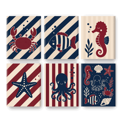 6 Mini Paintings - Nautical Sea Animals Set
