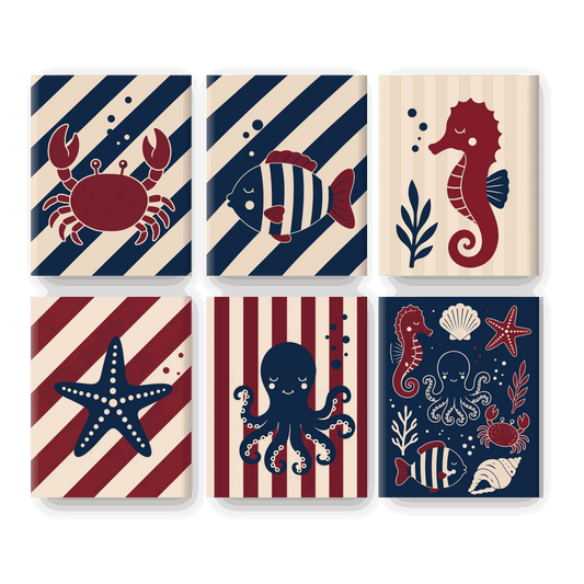 6 Mini Paintings - Nautical Sea Animals Set