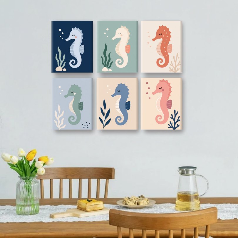 6 Mini Paintings - Colorful Seahorse Set