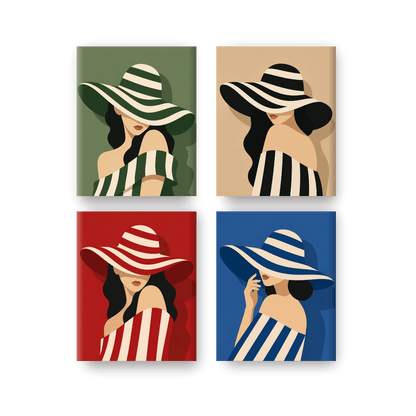 4 Mini Paintings -  Striped Hats Set